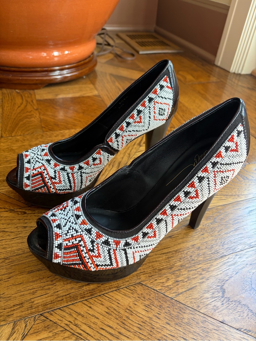 Designer Donald Pliner Beaded Peep-Toe Beaded High Heels Black, White & Red